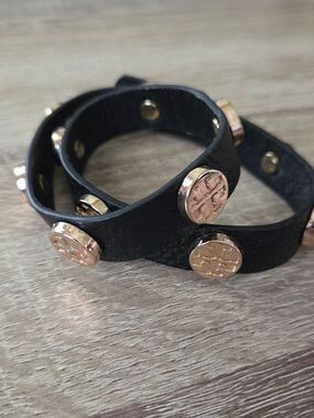 Tory Burch Black Leather Wrap Bracelet with Gold Logo Studs